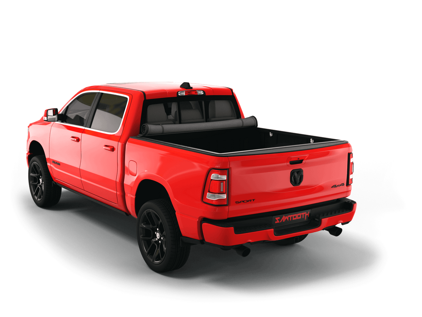 Red Ram 1500 with Sawtooth Stretch expandable soft roll up tonneau cover with ladder and open tailgate 